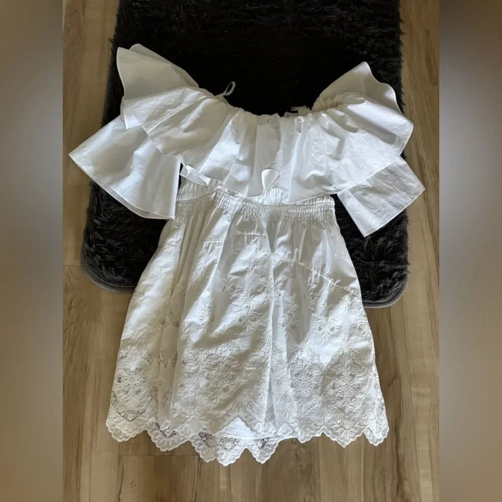 Self-Portrait Off Shoulder Cotton Broderie Tunic Dress